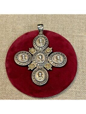 Tagliamonte Sterling Silver & 14K Cross Pendant Orthodox Style Cameo 2 1/2"